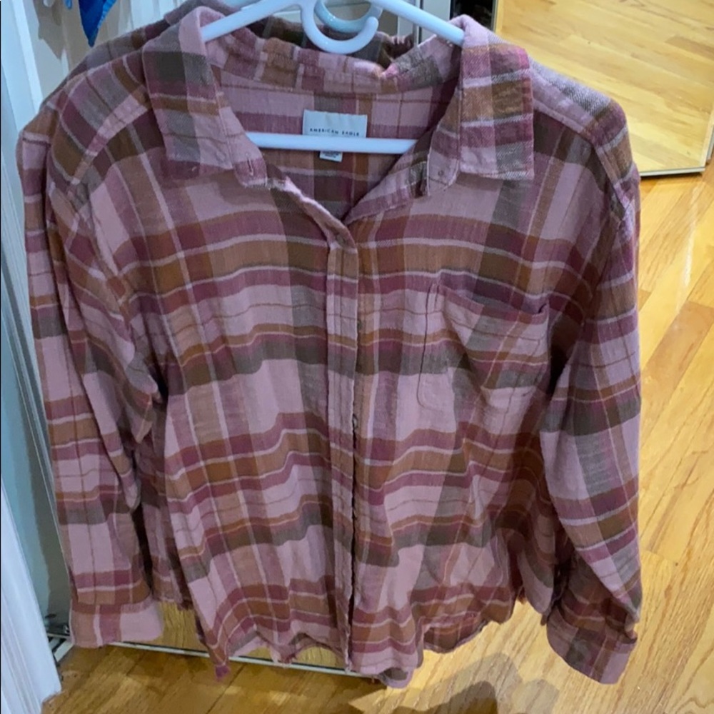 American eagle pink plaid shirt